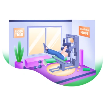 A cozy home gym with warm lighting and wooden floors. In one corner, there is a person performing exercises on a compact leg press machine. Surrounding the leg press machine are various workout accessories, such as dumbbells and a yoga mat. A large window allows natural light to stream in, illuminating a potted plant beside the machine. The walls are decorated with motivational fitness posters and there is a soft rug on the floor providing a comfortable atmosphere.