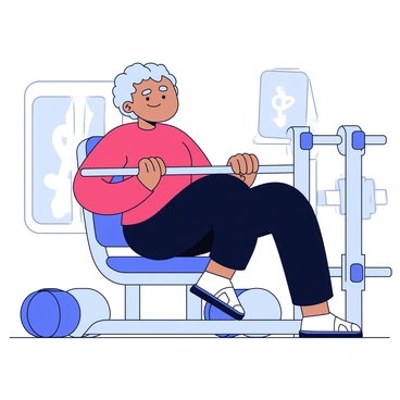 An elderly person with gray hair is confidently using a hip abduction machine in a gym setting. They are seated on the machine, gripping the handles firmly. The individual is wearing a bright red shirt and comfortable black workout pants. The hip abduction machine has padded leg rests and is adjusted to fit their height. The background features gym equipment such as weights and a mirror, contributing to a fitness atmosphere.