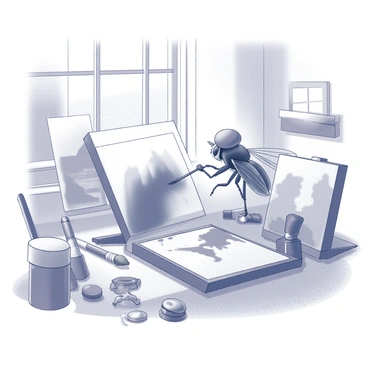A fly wearing a beret is focused on painting a landscape on a small canvas. The fly is perched on an easel, with its tiny brush in hand, applying delicate strokes of paint. The art studio is filled with various art supplies scattered around, such as tubes of paint and brushes of different sizes. Various unfinished artworks adorn the walls, showcasing landscapes and abstract pieces. A small window lets in light, illuminating the scene. The fly’s tiny features are detailed and expressive, showcasing determination as it creates its masterpiece.