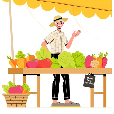 A farmer's market vendor stands behind a wooden table filled with freshly harvested vegetables. The table showcases a variety of colorful produce including bright red tomatoes, green leafy lettuce, and vibrant orange carrots. The vendor, a middle-aged woman wearing a straw hat and a plaid shirt, smiles as she gestures towards the vegetables. A wicker basket filled with assorted peppers sits at one end of the table, while a small chalkboard sign reads "Fresh Vegetables" in playful lettering. Sunlight filters through the overhead canopy, casting warm light over the scene.
