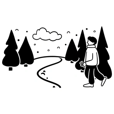 A woman dressed in a thick winter coat and tall boots is walking down a snow-covered trail. The ground is blanketed with fresh snow, creating a serene pathway. Tall pine trees, heavily laden with snow, line both sides of the trail. The sky above is cloudy, hinting at more snowfall, while soft snowflakes gently drift down. The woman's breath is visible in the cold air, adding to the wintry atmosphere. A few animal tracks can be seen in the snow, leading off into the forest.