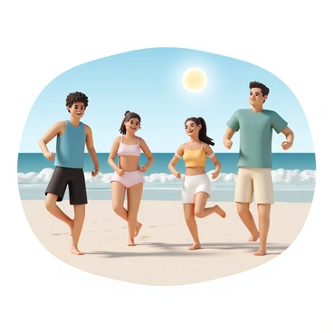 A group of four friends is standing on a sandy beach, each performing hip circles. The first friend is a male wearing a blue tank top and black shorts, with short curly hair. The second friend, a female, has long brown hair tied in a ponytail and is wearing a light pink swimsuit and a sarong. The third friend, also female, sports a yellow halter top and white shorts, while the fourth friend, a male, is dressed in a green t-shirt and beige swim trunks. The ocean waves are gently crashing in the background, and the sun is shining brightly in a clear blue sky. The friends are smiling and laughing, enjoying their moment together.
