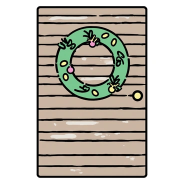 A holiday wreath, circular in shape, is adorned with red and gold ornaments, pinecones, and evergreen branches. The wreath is displayed prominently on a rustic wooden door, which has a weathered texture and a rich brown color. The door features simple, horizontal wooden planks that enhance its rustic charm. A simple brass doorknob is visible on the side, adding a touch of elegance to the scene.