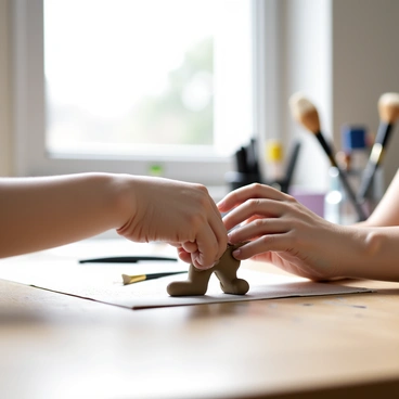 A pair of hands, covered in light brown clay, is carefully shaping a small figurine on a wooden table in an art studio. The hands are focused and detailed, conveying concentration as they mold the clay. The background features a soft blur of art supplies, including paint tubes and brushes, creating a creative atmosphere. A light source from a nearby window casts gentle shadows, highlighting the texture of the clay and the intricate movements of the hands.