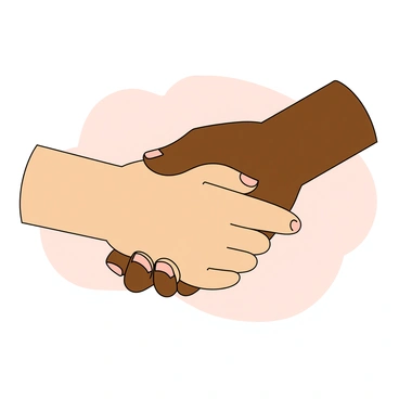 Two hands intertwined, showcasing a supportive bond. The hands are of different skin tones, one is light and the other is dark, representing diversity. The fingers are gently clasped together, with a slight emphasis on the warmth and connection between them. Each hand has neatly trimmed nails. In the background, there are soft pastel colors that enhance the feeling of unity and support. The image conveys a sense of togetherness and harmony.