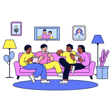 A cozy living room with a soft sofa and a fluffy rug on the floor. A group of three friends is sitting together on the sofa, smiling and enjoying their time. One friend holds a large bowl of popcorn, while another friend is reaching for a handful. There is a TV screen in front of them displaying a movie scene. The room is softly lit by warm lamps placed in the corners, and there are movie posters on the walls.