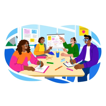 A group of diverse students gathered around a large table, actively brainstorming and sketching ideas for a sustainable product design challenge. One student, a young woman with curly hair, is drawing on a notepad with colorful markers. Another student, a young man wearing glasses, is pointing at a concept board filled with sketches and notes. Various tools like rulers, scissors, and glue sticks are scattered across the table. The background features bright posters with sustainability themes, and a large window lets in natural light, illuminating the scene.