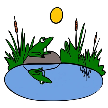 A green frog sitting on a smooth rock at the edge of a calm pond. The frog has large, expressive eyes, and it is gazing intently at its own reflection mirrored in the still water below. The scene is illuminated by a bright, full moon hanging in the night sky, casting soft light on the surface of the water. Surrounding the pond are lush green plants and delicate reeds swaying gently. The atmosphere is peaceful, capturing the quiet moment of the frog as it contemplates the moonlit reflection.