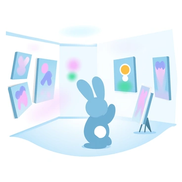 A character resembling a rabbit with large ears is standing in an art gallery. The rabbit is gazing at several colorful paintings hanging on the walls. Each painting features vibrant abstract designs and shapes. The gallery has a light, airy atmosphere with soft gradient pastel colors illuminating the space. A few art displays are positioned nearby. The floor is polished and reflects the art above, enhancing the atmosphere of creativity and appreciation.