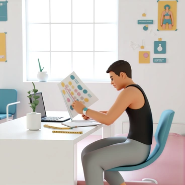 A fitness trainer, wearing a black tank top and gray joggers, is sitting at a modern desk cluttered with colorful fitness charts, a laptop, and a notepad. The trainer, focused and engaged, is looking at a chart that outlines a fitness plan while taking notes on a notepad. A water bottle is placed on the desk next to a measuring tape. In the background, a large window allows natural light to fill the room, illuminating fitness equipment and motivational posters on the walls.