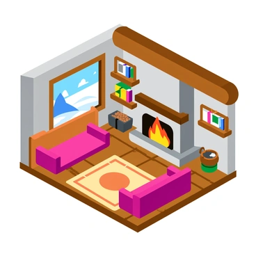 An isometric view of a winter lodge interior featuring a large, warm fireplace with flickering flames. The fireplace is made of stone and surrounded by a wooden mantel. Above, rustic wooden beams are visible, adding to the cozy atmosphere of the space. The decor includes various elements such as woven baskets, a patterned area rug on the wooden floor, and shelves filled with books and winter-themed decorations. A large window reveals a snowy landscape outside, enhancing the winter lodge ambiance. Comfy seating is arranged around the fireplace, inviting relaxation.