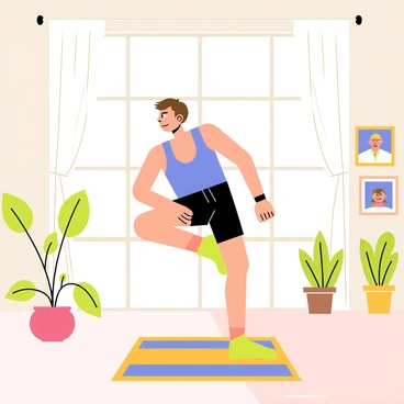A man performing donkey kicks in a bright living room filled with natural light. He has short brown hair and is wearing a blue tank top and black workout shorts. The living room features a large window with white curtains, allowing sunlight to stream in. There are potted plants in the corners and a colorful rug on the wooden floor. In the background, a wall with framed photos adds a personal touch to the space. The man is focused on his exercise, with one leg raised high behind him and his arms steady on the floor for support.
