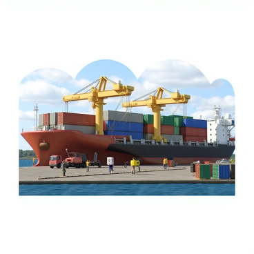 A dock scene with several dockworkers wearing safety vests and hard hats, actively coordinating the loading of colorful shipping containers onto a large cargo ship. The ship is positioned at the dock with its hull slightly visible above the water surface. Large cranes with extended arms are being operated by workers, lifting containers in various colors such as red, blue, and green. The dock is busy with other cargo equipment, and there are additional containers stacked on the dock awaiting loading. The sky is clear with a few clouds, and the water is calm.