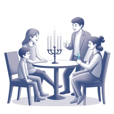 A family gathered in a cozy room during Hanukkah. The scene features a table adorned with a traditional menorah, which is lit by a young child. The child, standing on a sturdy chair, carefully holds a lit taper in one hand. Surrounding the child are family members, including a parent and a grandparent, both observing with expressions of warmth and joy. The menorah displays eight branches, each holding a candle, with the shamash candle elevated in the center. The background includes festive decorations, such as blue and silver accents, enhancing the celebratory atmosphere. The lighting in the room casts gentle shadows, creating a sense of intimacy in the warm gathering.