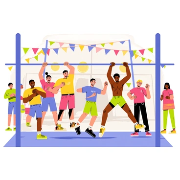 A vibrant fitness expo featuring multiple participants competing in a pull-up contest. The contestants are diverse in appearance, showcasing various athletic wear in bright colors. Each participant is gripping a horizontal bar with a determined expression, with some showing visible muscle definition. There are enthusiastic spectators in the background, cheering and clapping. Colorful banners and fitness equipment are scattered around the expo, adding to the lively atmosphere. The event is illuminated with bright lights, highlighting the energy of the competition.