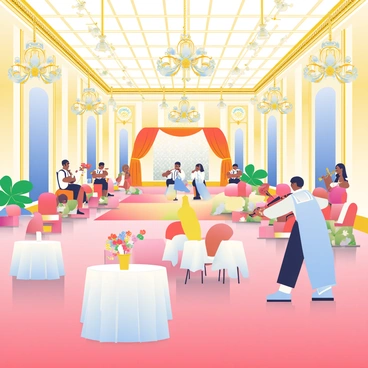 A grand ballroom in Bangalore Palace is adorned with opulent chandeliers hanging from the ceiling. The wooden floor is polished to a shine, reflecting the soft light. Elegant tables are set with white tablecloths and golden cutlery, surrounded by chairs draped in luxurious fabric. In one corner, a group of musicians is playing classical instruments, including a violin, a cello, and a flute. Near the center of the room, a beautifully decorated stage is prepared for a dance performance, with intricate floral arrangements placed strategically around the space. The walls are embellished with rich tapestries and golden accents, creating a majestic atmosphere for the elegant dance.