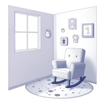 A nursery designed with a whimsical theme. The room features a soft rocking chair positioned in a cozy corner, with gentle curves and plush cushions. The walls are adorned with playful decor elements, including animal illustrations and colorful wall hangings that add charm to the space. A patterned area rug lies on the floor, providing comfort and a touch of warmth. Natural light filters in through a window, illuminating the serene environment of the nursery.