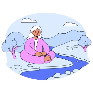 A person sitting cross-legged in a meditative pose. The individual has long hair and wears a simple, flowing robe in a soft color. Around the person, there are gentle hills and a few small trees with round, leafy canopies. The sky above is clear and a light blue, with a few fluffy clouds drifting by. A small stream flows nearby, with a few smooth stones scattered along the water’s edge. There are soft patches of grass covering the ground around the figure.