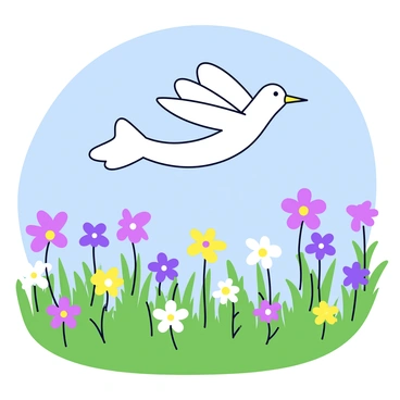 A "hirondelle" flying gracefully above a vibrant field filled with various "wildflowers" in an array of colors like purple, yellow, and white. The "wildflowers" sway gently in the wind, creating a wave-like motion across the green grass below. The "hirondelle" has a slender body with a forked tail and smooth wings, catching the sunlight as it glides through the clear blue sky.