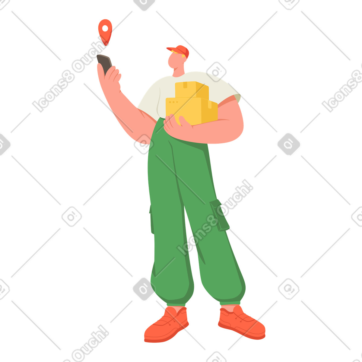 Zusteller mit paketen sucht nach standort animierte Illustration im Social-Stil als Download in GIF, Lottie (JSON), AE