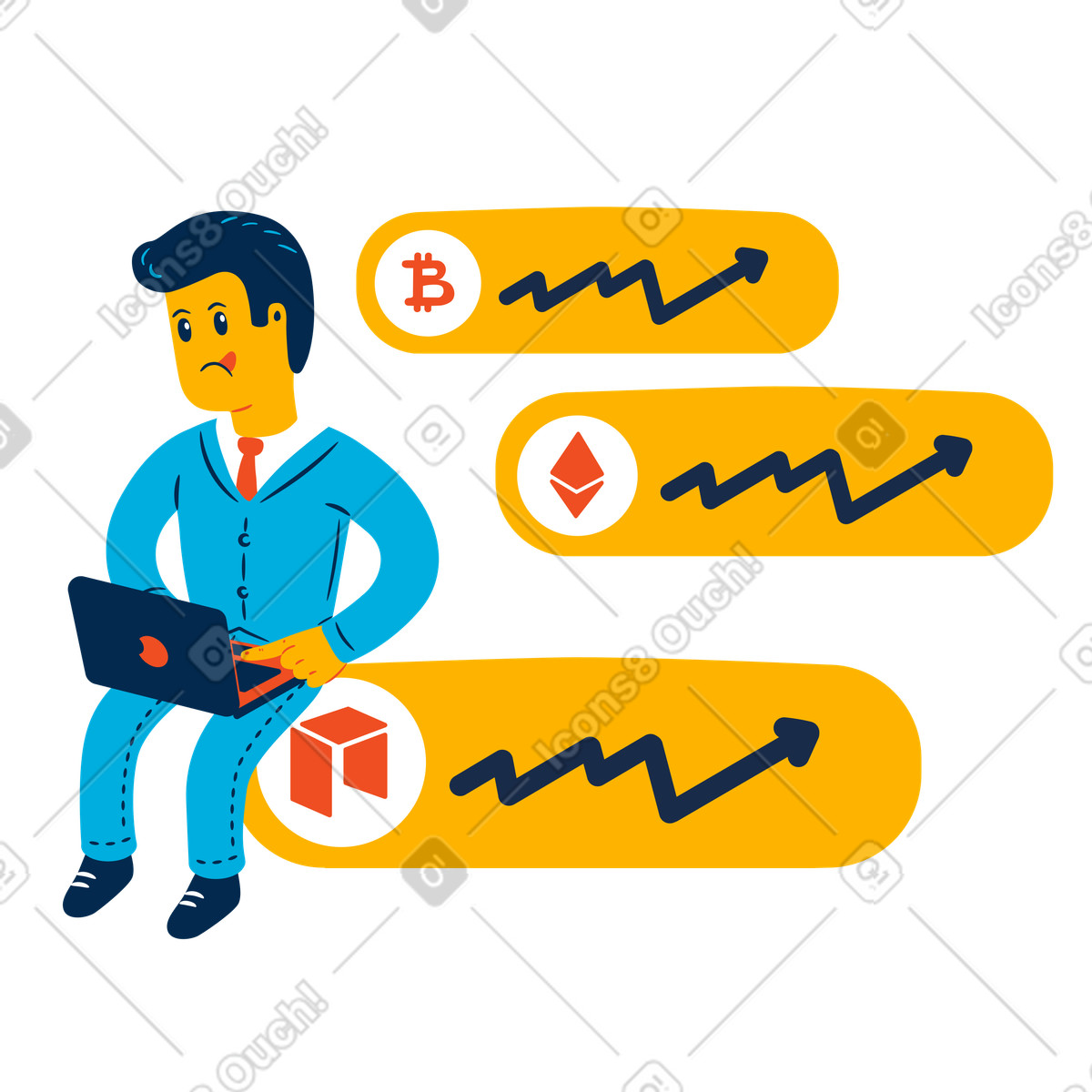 Man looking up cryptocurrency exchange rates illustration in Flame style download in PNG, SVG