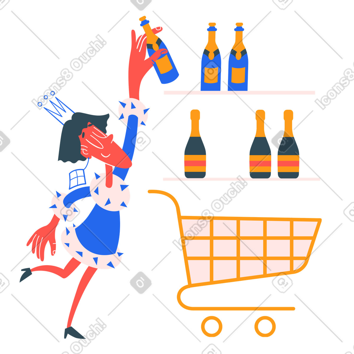 Man putting a champagne bottle in cart illustration in Kingdom style download in PNG, SVG