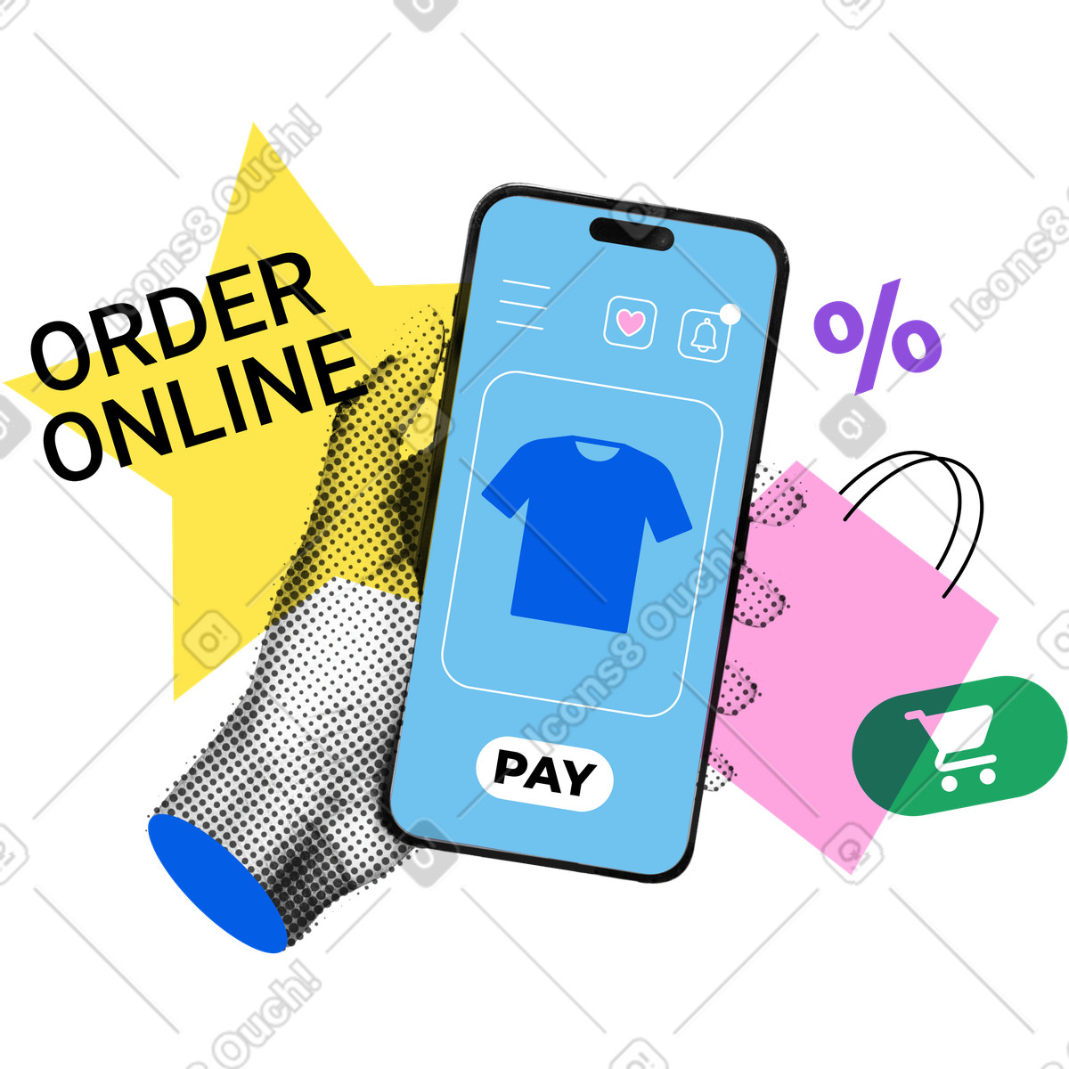 Lettering order online with shopping app and bag illustration in PNG, SVG