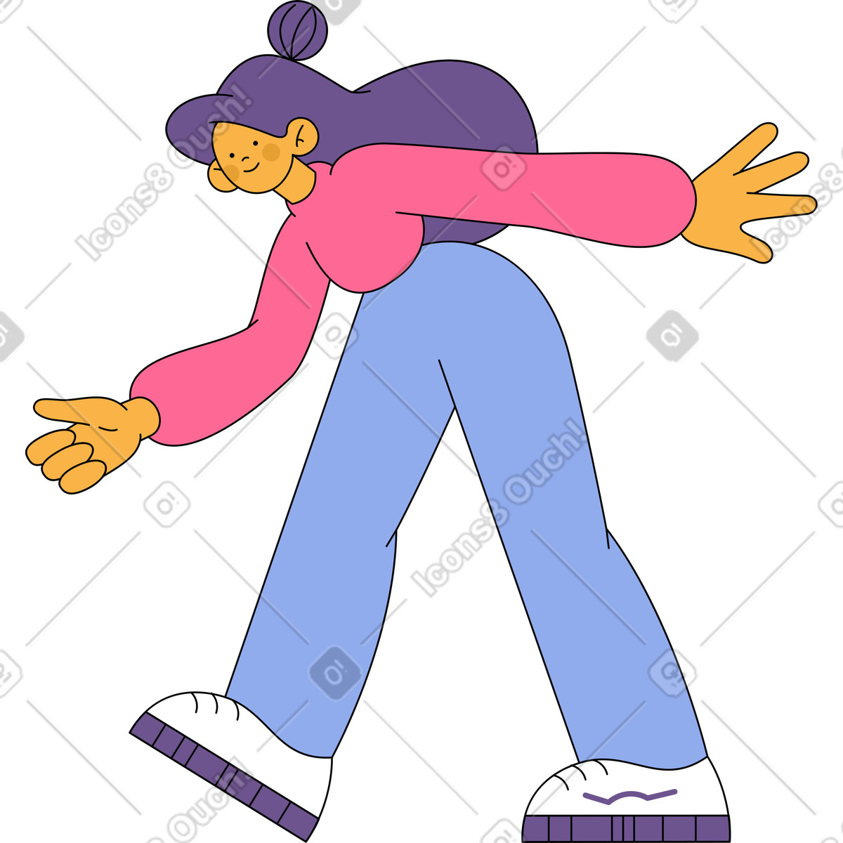 Smiling girl walks bended illustration in Bloom style download in PNG, SVG