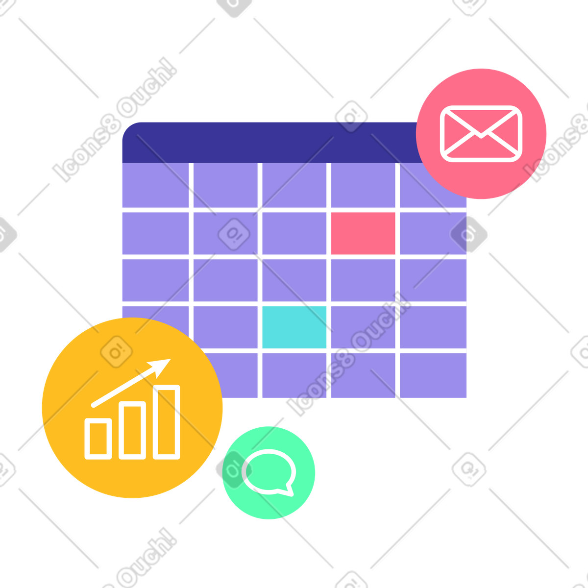 Griglia del calendario e icone dei messaggi, pianificazione programmazione aziendale illustrazione in stile Bright scarica in PNG, SVG