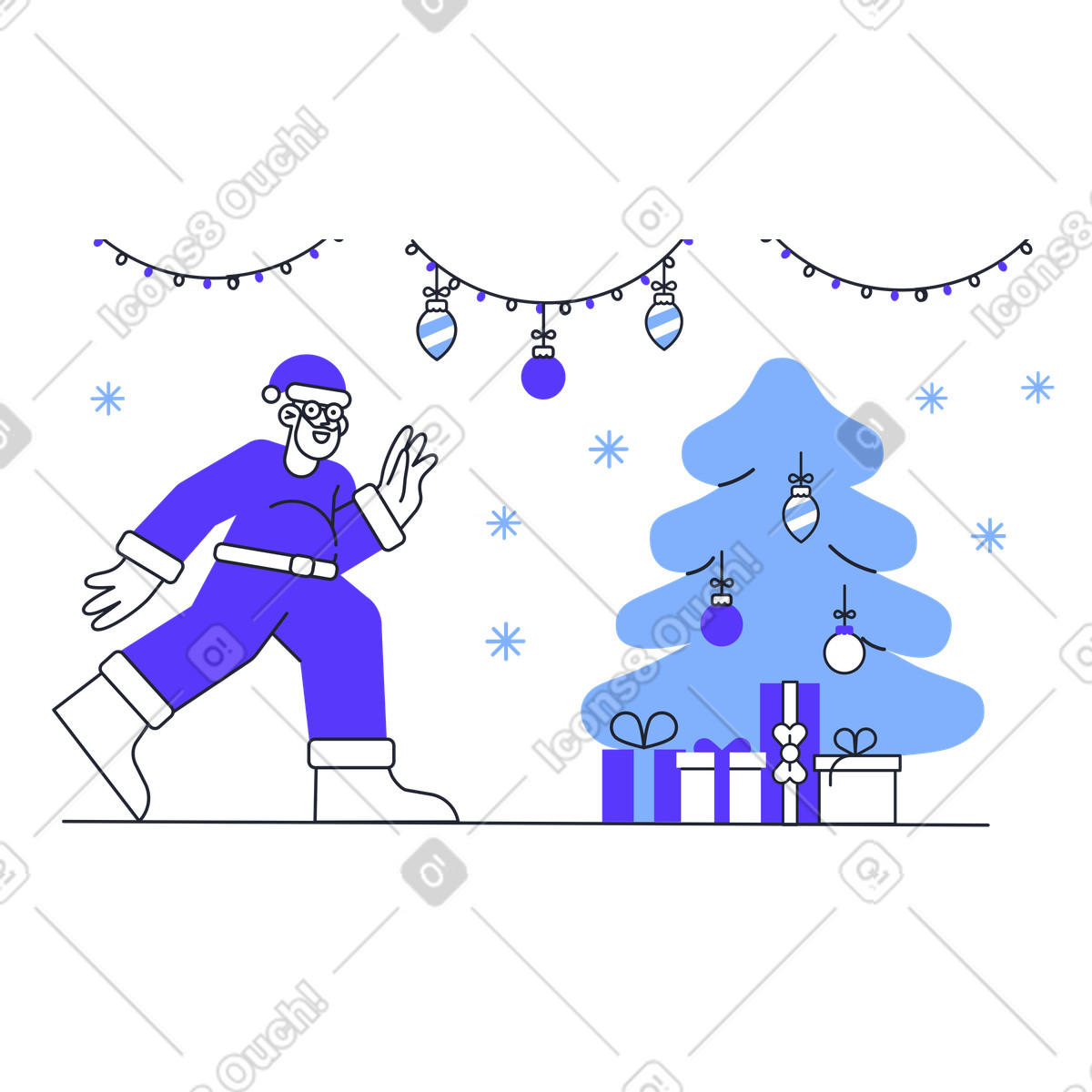 Santa placing gifts by decorated Christmas tree, eve tradition illustrazione in stile Pablita scarica in PNG, SVG