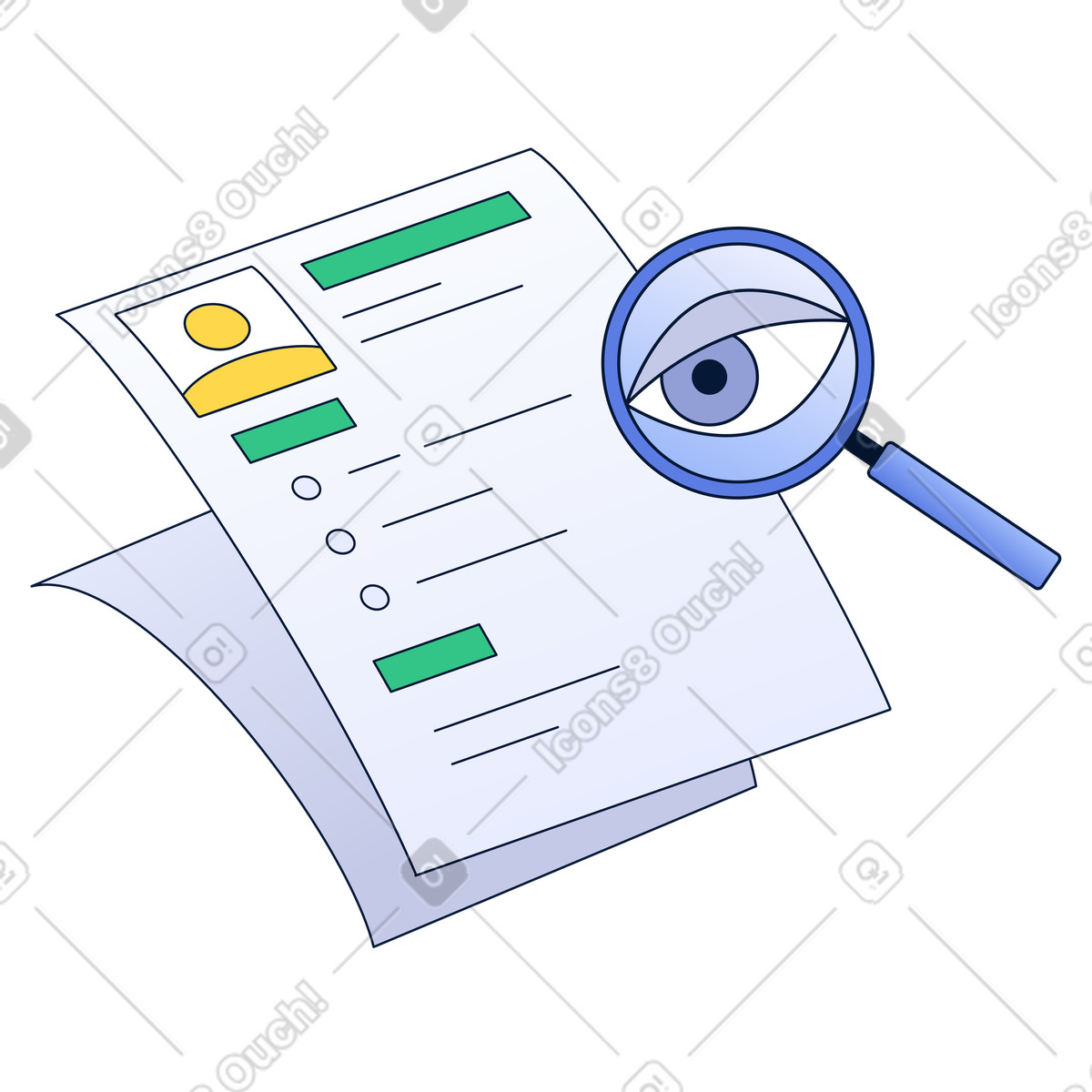 Reviewing resumes with magnifying glass illustration in Neat style download in PNG, SVG