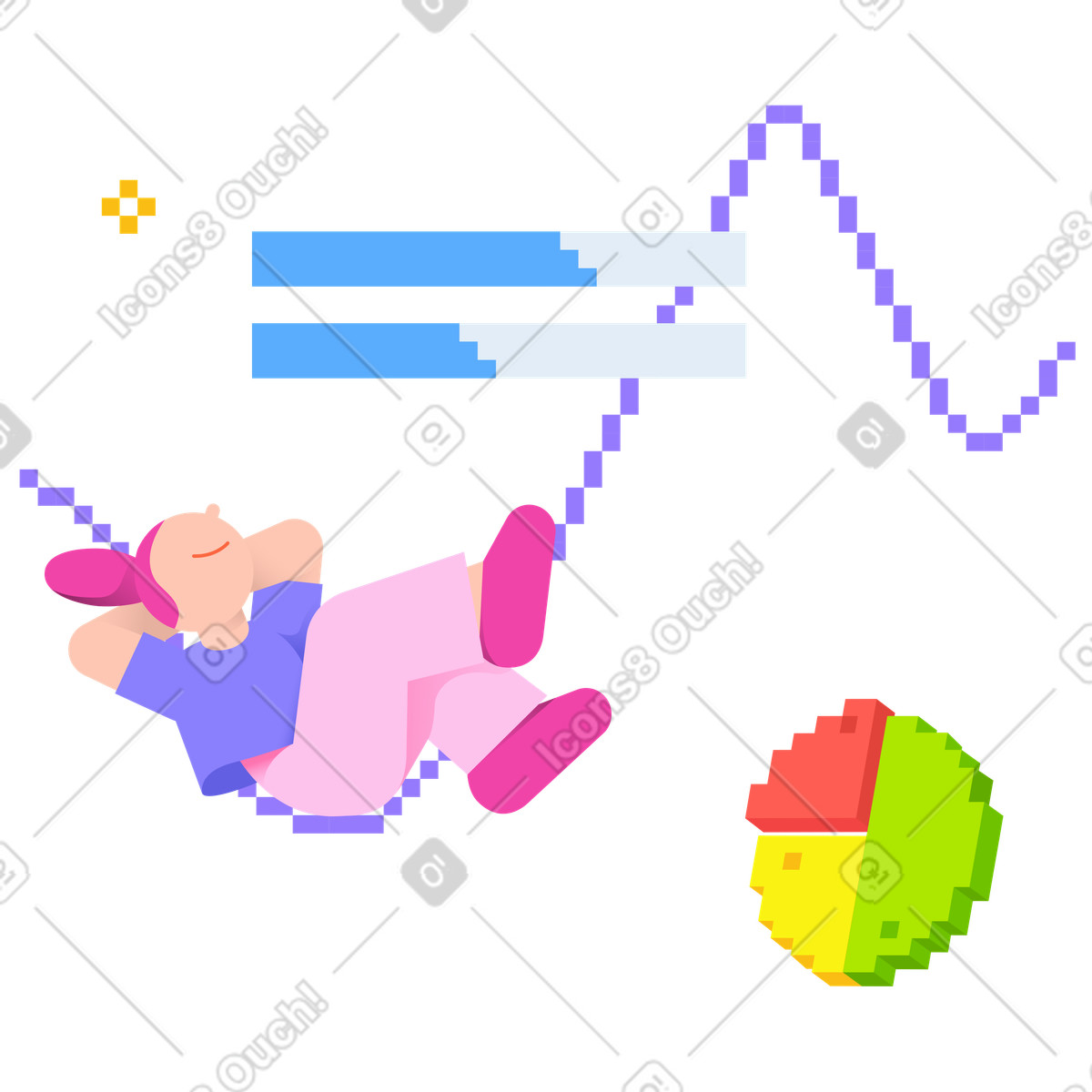 Female analyst and charts with analytics illustration in 8bit style download in PNG, SVG