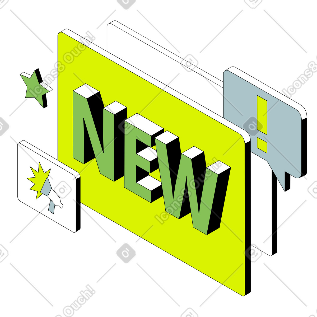 Isometric スタイルの メガホンと感嘆符の文字が付いたレタリング new! のアニメーションイラストをGIF、Lottie (JSON)、AEでダウンロード
