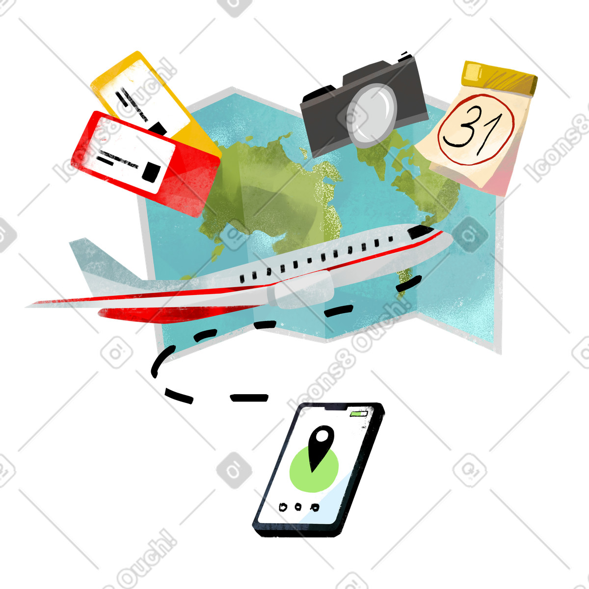 Prenotare biglietti aerei online e viaggiare illustrazione in stile Fabulous scarica in PNG, SVG