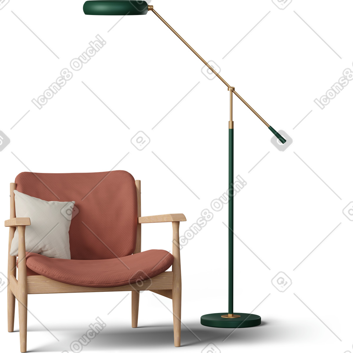 Sofa mit kissen und lampe-Illustration im 3D Hygge-Stil als Download in PNG, SVG