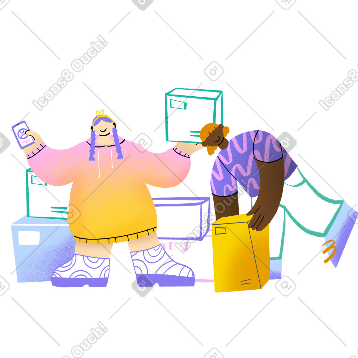 Two small business owners moving boxes-Illustration im Bonny-Stil als Download in PNG, SVG