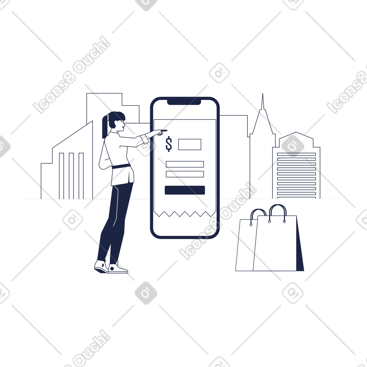 User interacting with mobile store app, digital retail and checkout process illustrazione in stile Urban Line scarica in PNG, SVG