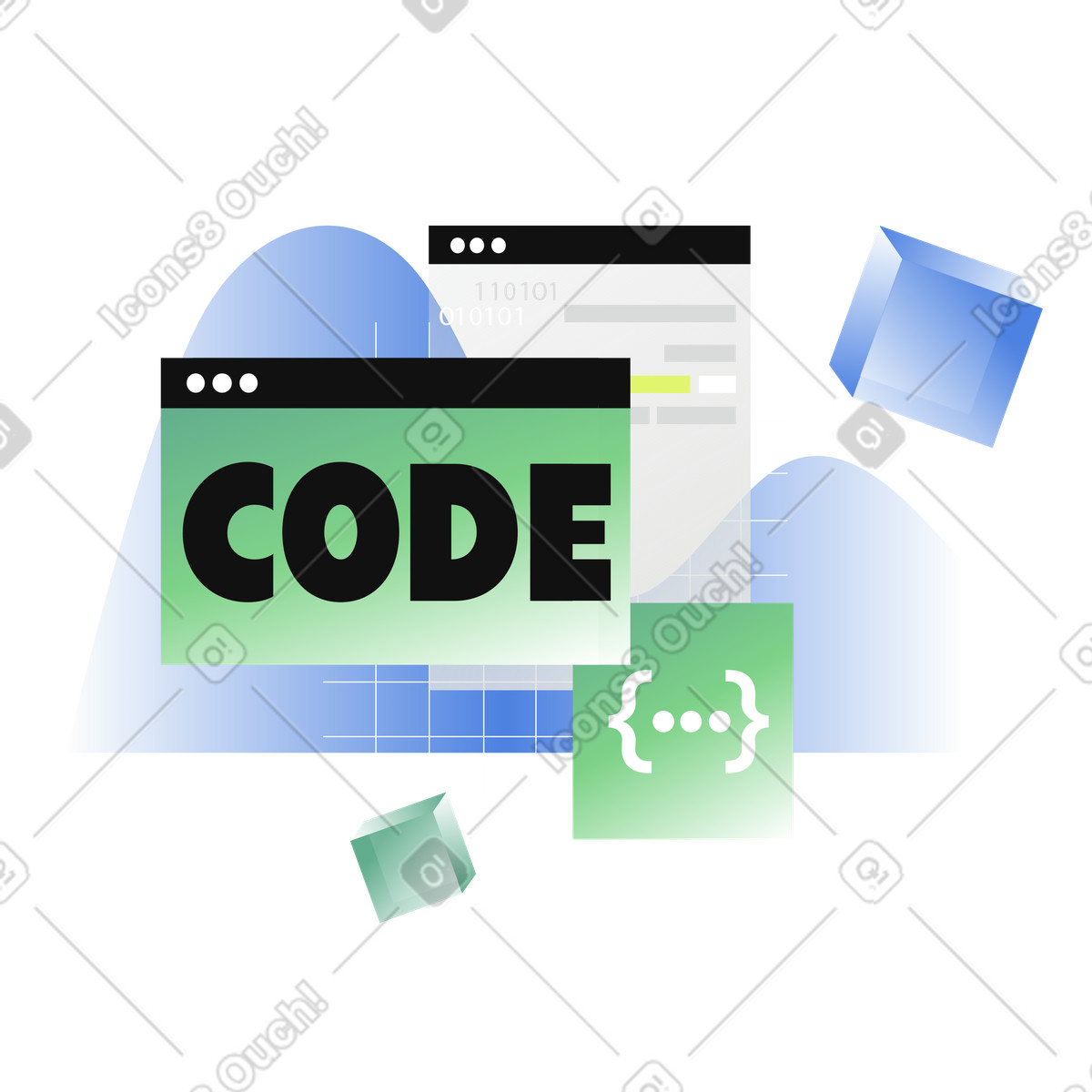 Browser windows with code and curly brackets, programming and software development illustration in PNG, SVG