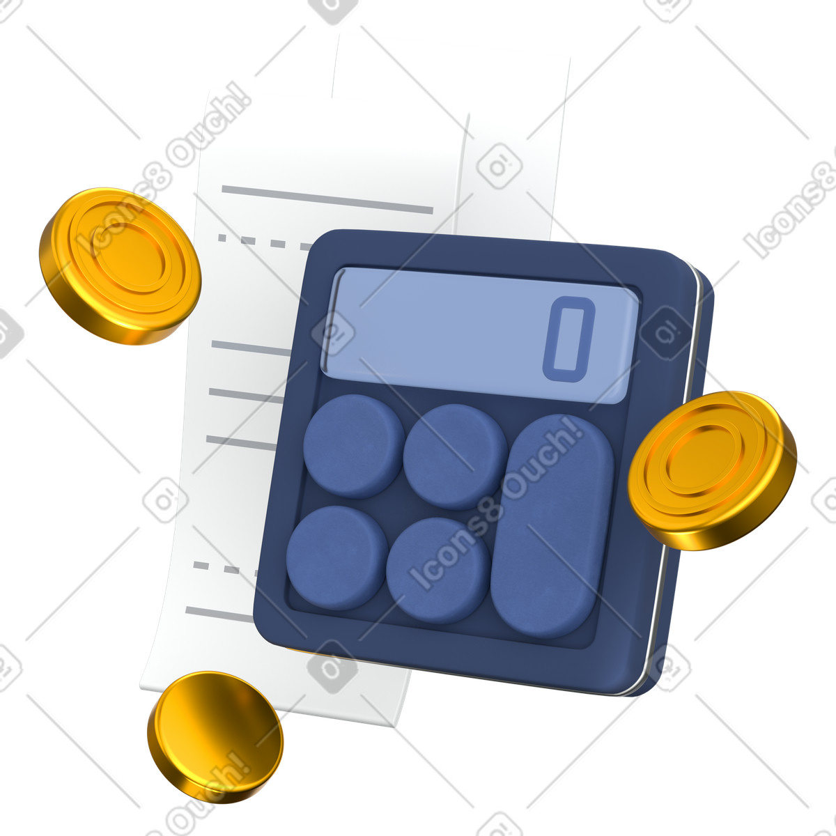 Expense tracking calculator with receipt and gold coins illustration in 3D Grid style download in PNG, SVG