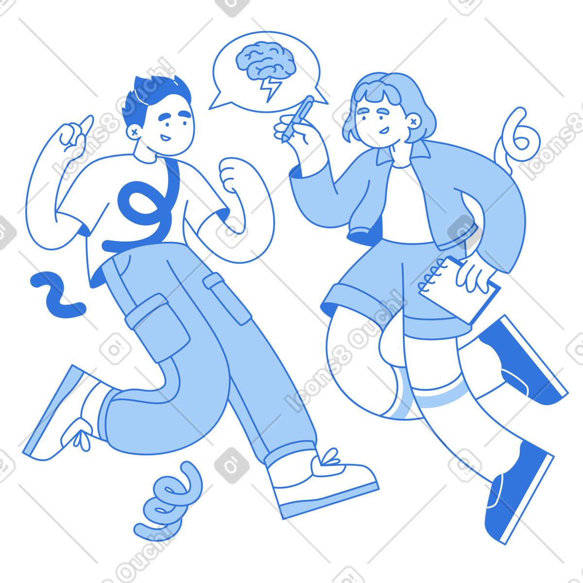 Ilustración Teammates exchanging ideas with speech bubble, Brainstorming and creative teamwork en estilo Sky a descargar en PNG y SVG