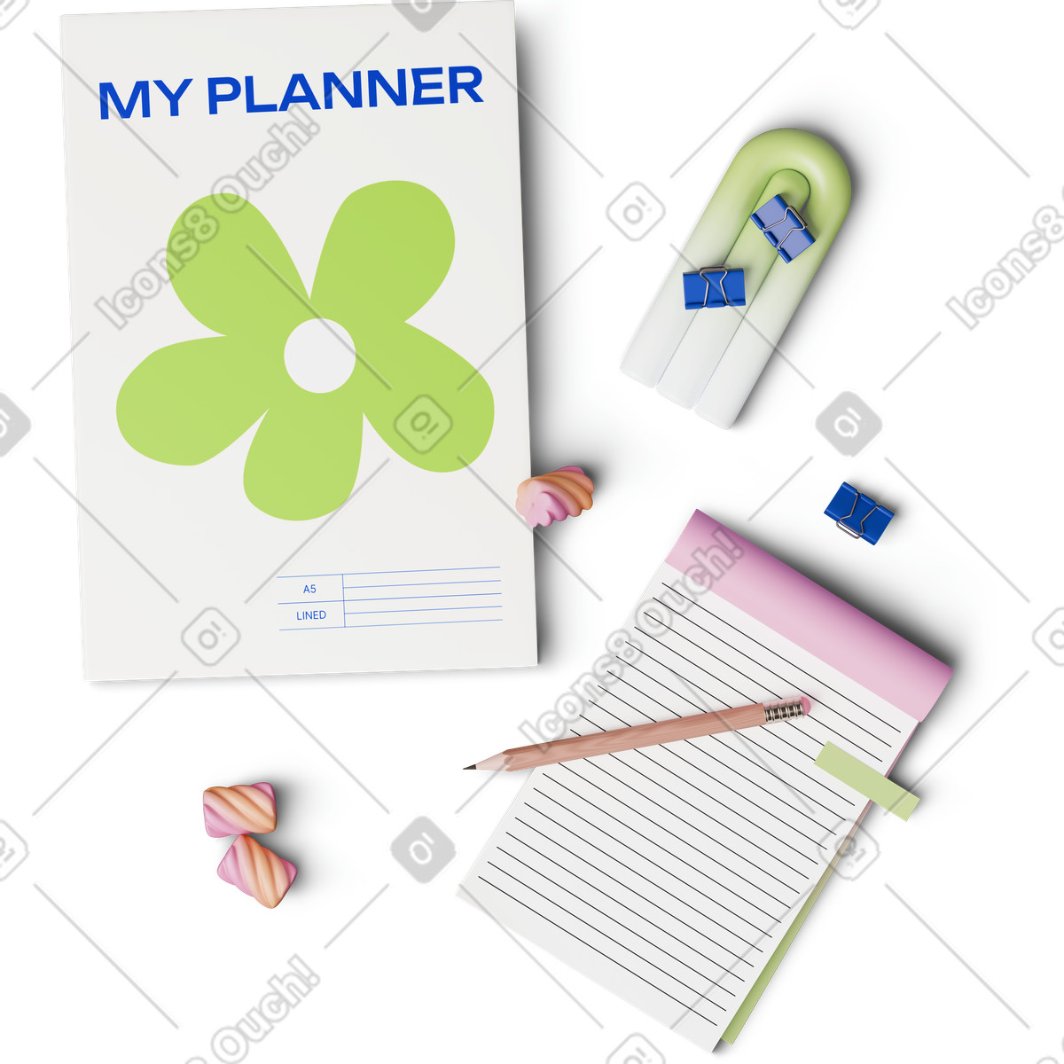 Ilustración Top view of planner and notebook with geometric figures en estilo 3D Hygge a descargar en PNG y SVG