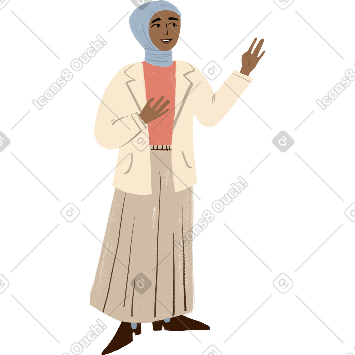 Illustration Girl in hijab smiling with and gesturing her hands dans le style Lumiere à télécharger aux formats PNG, SVG