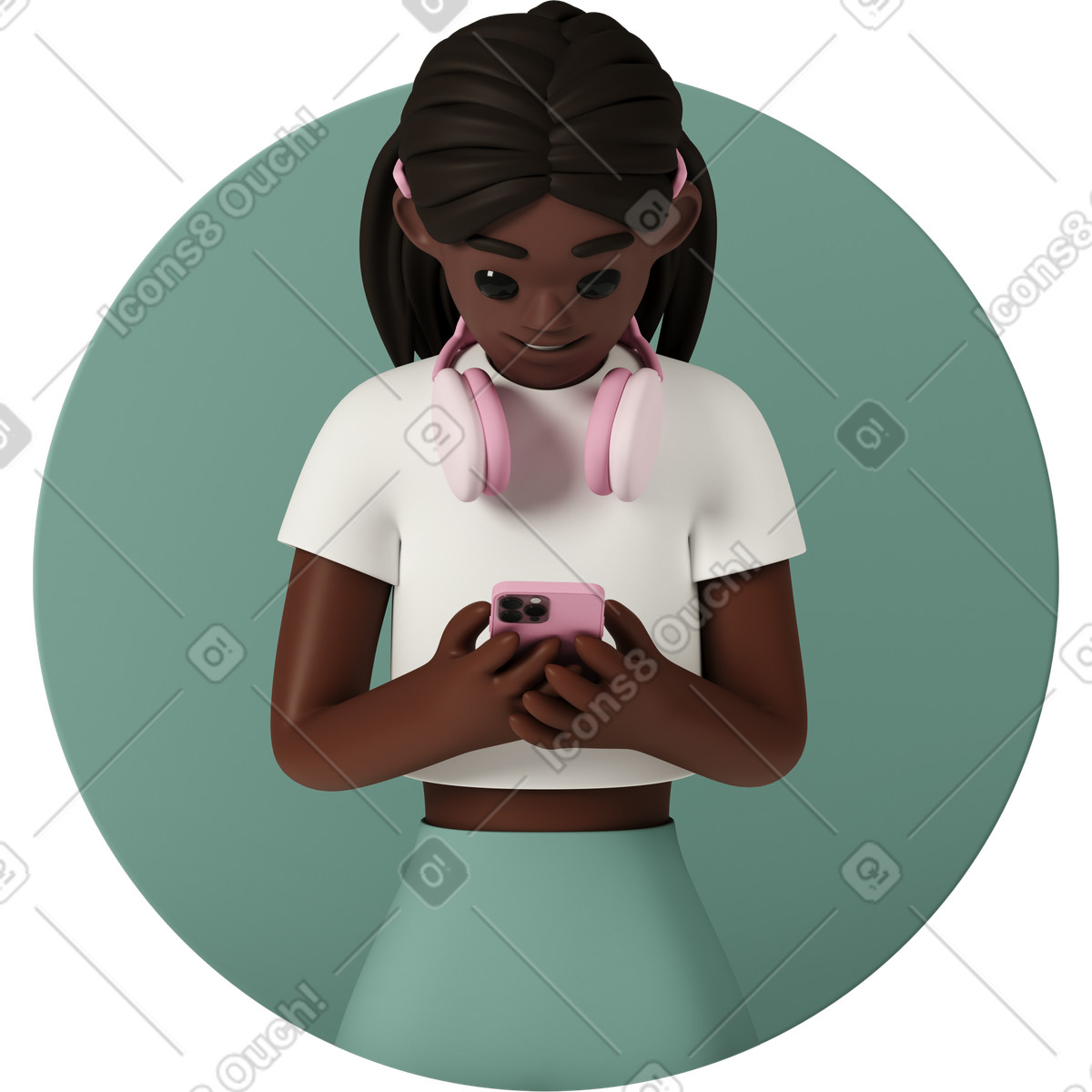 3D Casual life 스타일의 Smiling young woman wearing headphones looking at mobile phone 일러스트레이션 PNG, SVG 다운로드