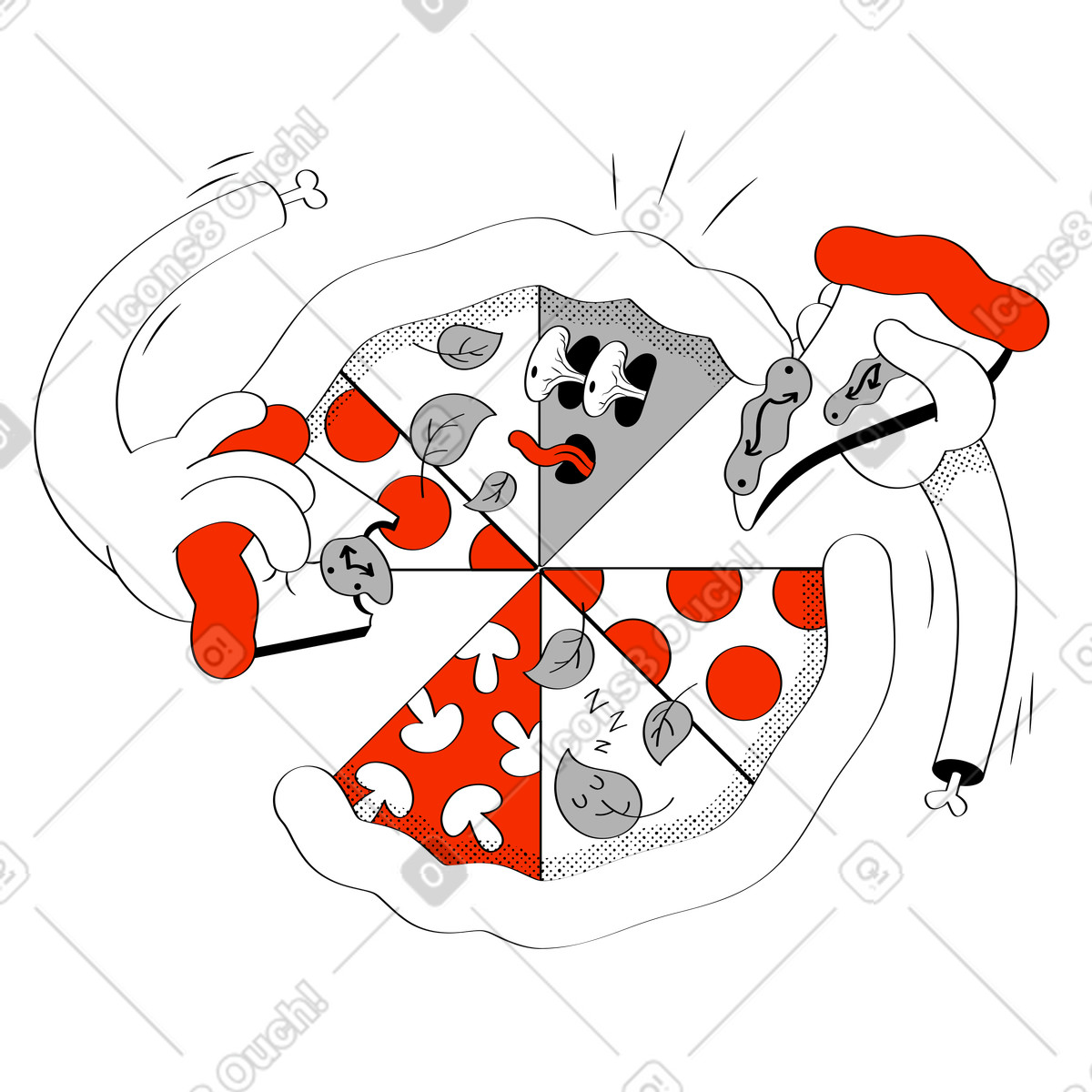 Illustration animée Mains tenant des tranches de pizza dans le style Looney à télécharger aux formats GIF, Lottie (JSON), AE