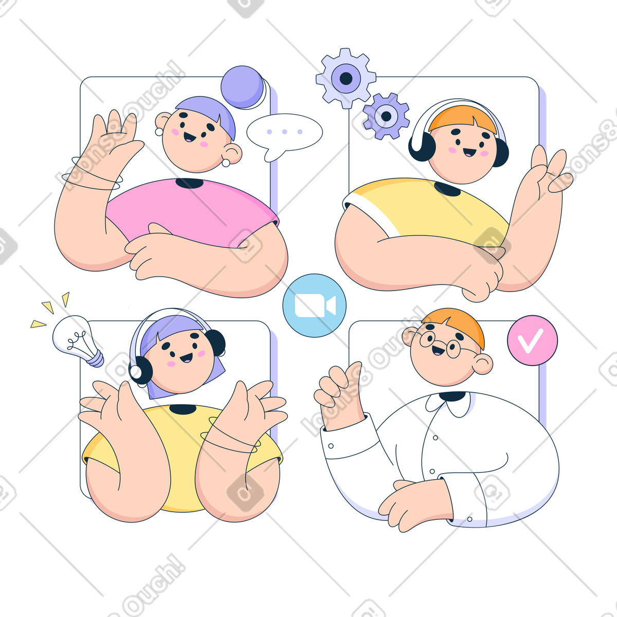 Online-meeting zwischen dem team-Illustration im Bubble gum-Stil als Download in PNG, SVG