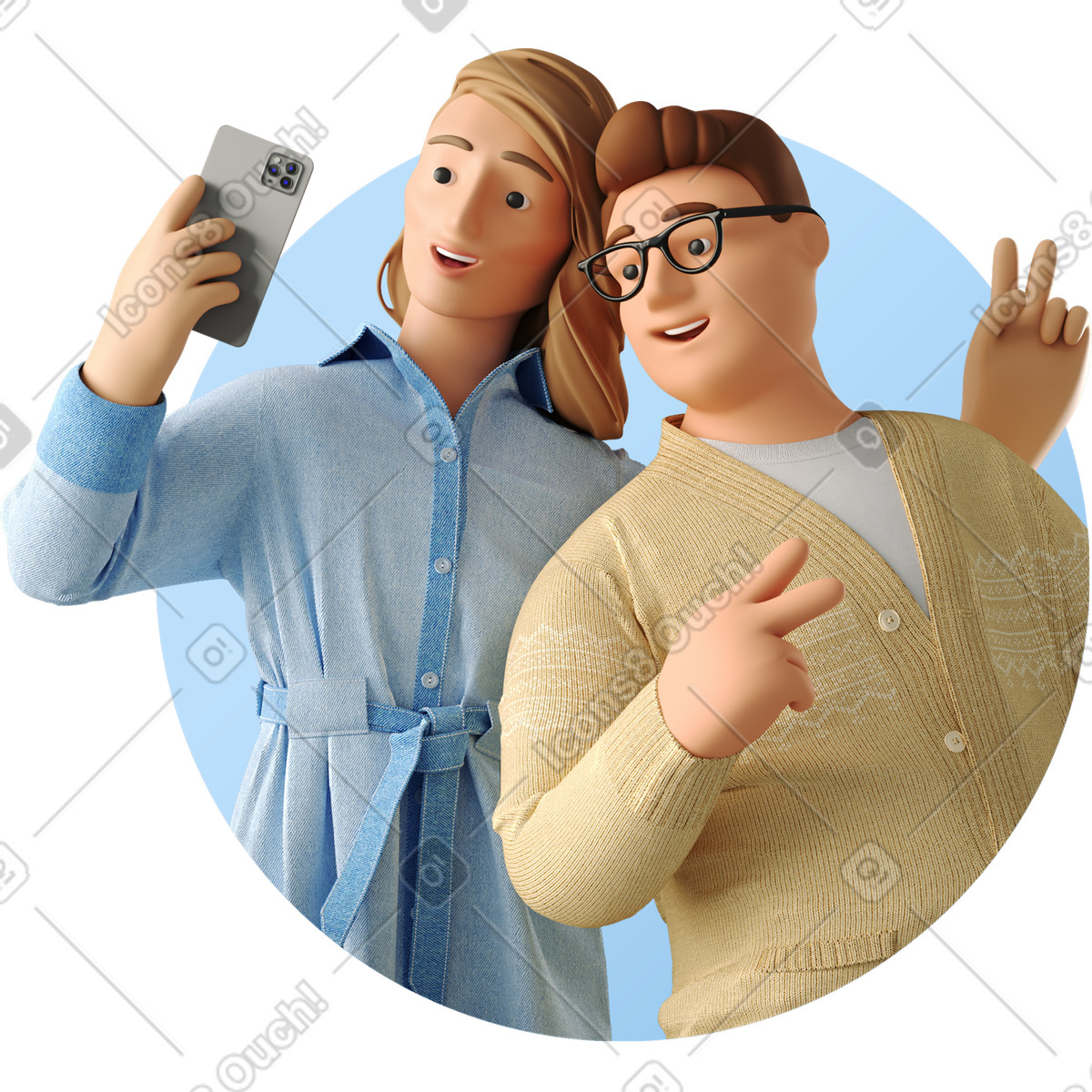 Two cheerful people taking a selfie-Illustration im 3D Business-Stil als Download in PNG, SVG