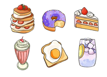 Various desserts and drinks including pancakes, donuts, and milkshake - Dots style illustration