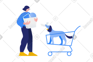 Woman holding purchases next to dog in shopping cart PNG, SVG