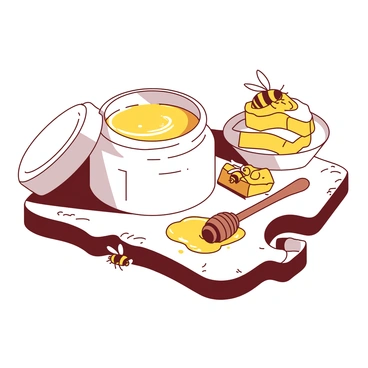 A white jar of natural lip balm sits on a rustic wooden table. The jar is open, revealing the smooth lip balm inside. Next to the jar, there is a small wooden honey dipper dripping honey. In the background, there are small chunks of beeswax arranged artistically, along with a few bees resting on them. The scene has a warm, inviting feel with a focus on the lip balm and its natural ingredients.