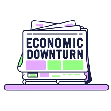 A stack of newspapers is neatly piled on a wooden table. The top newspaper has a bold headline that reads "Economic Downturn" in large font across the front page. The headlines are filled with strong typography, drawing attention. Visible peeking from underneath are more papers, some with various articles and images related to finance. The edges of the newspapers are slightly worn, showing signs of handling. The overall composition conveys a sense of urgency and seriousness regarding the content.